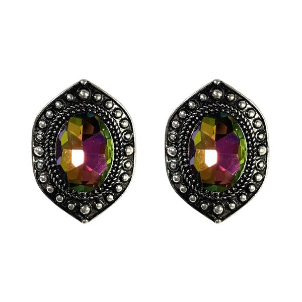 METAL BEADED BORDER OVAL CRYSTAL STONE STUD EARRING
