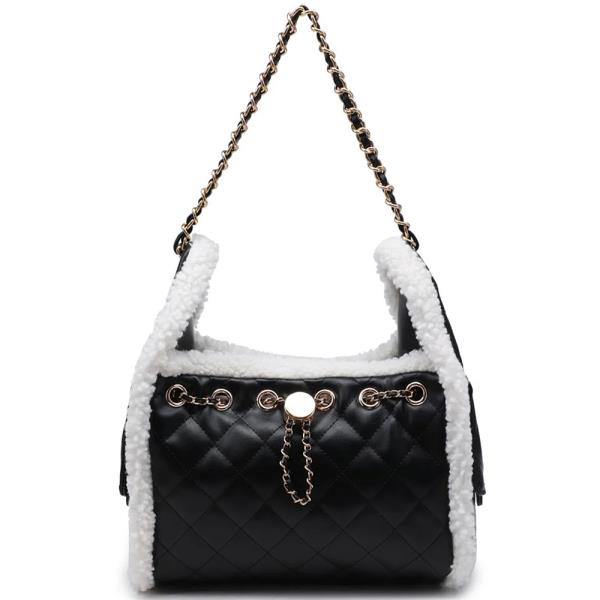 QUILTED SHEARLING TRIM ELAN HOBO BAG