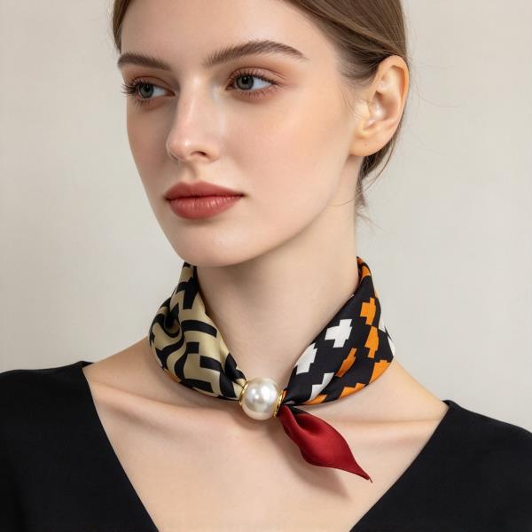 Patchwork Print Pearl Accent Bandana Neck Scarf