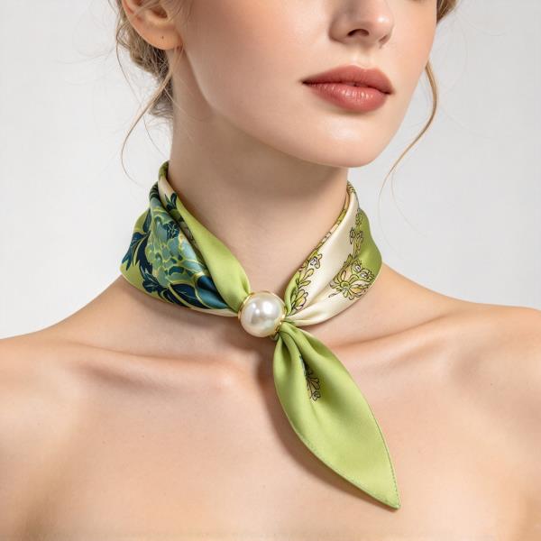 Botanical Print Pearl Silky Bandana Neck Scarf