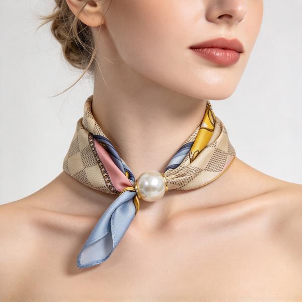 Checkerboard Belt Print Pearl Bandana Neck Scarf