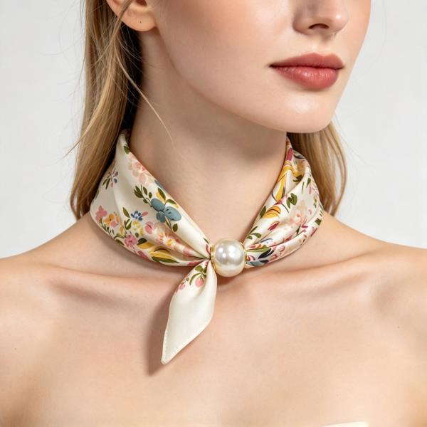 Floral Print Pearl Silky Bandana Neck Scarf