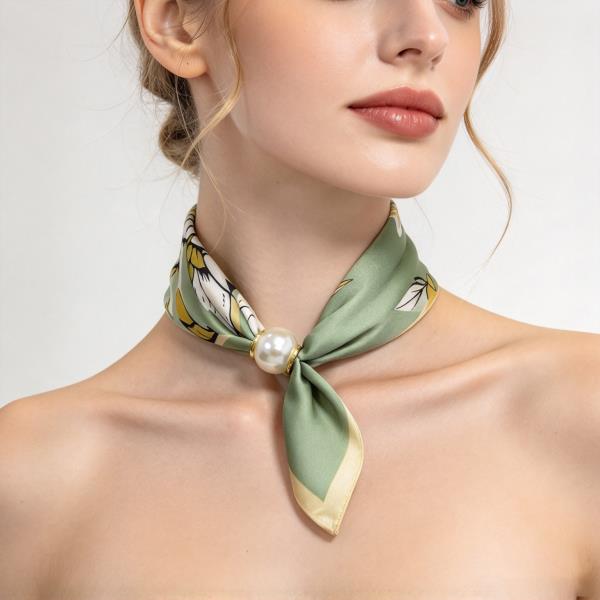 Botanical Print Pearl Accent Bandana Neck Scarf