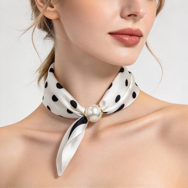 Polka Dot Print Pearl Silky Bandana Neck Scarf