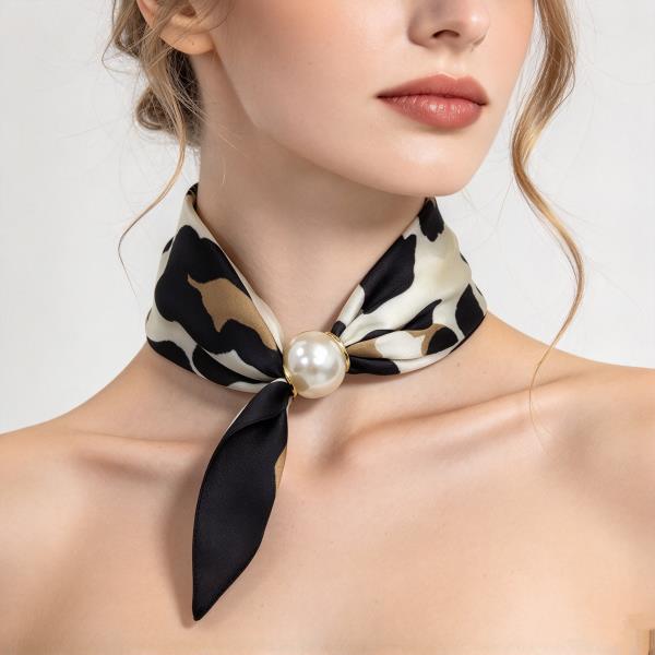 Spot Print Pearl Accent Silky Bandana Neck Scarf