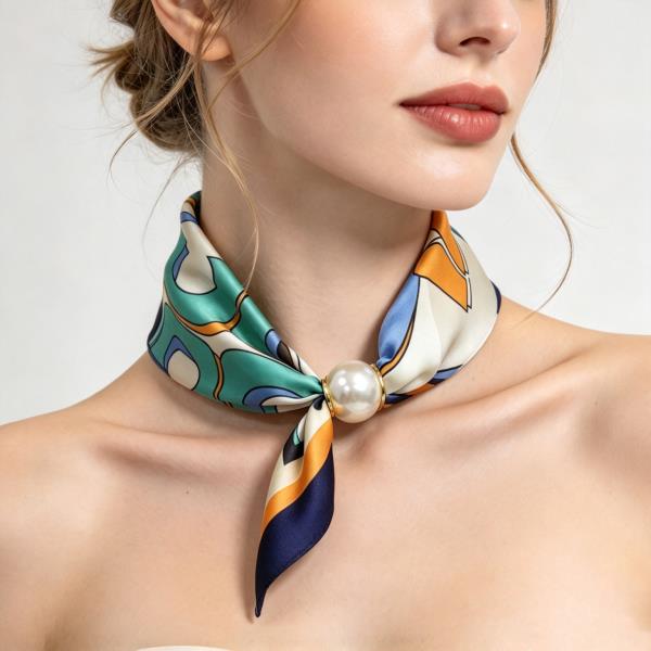 Geometric Print Pearl Accent Bandana Neck Scarf