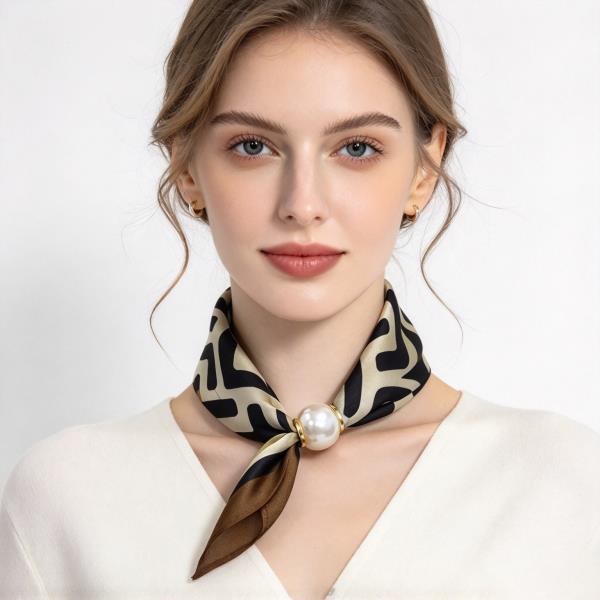 Geometric Print Pearl Accent Bandana Neck Scarf