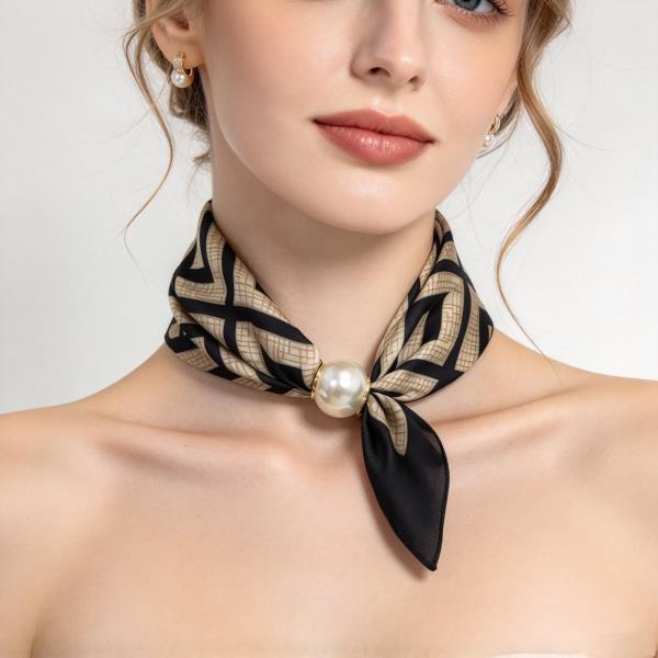 Geometric Print Pearl Accent Bandana Neck Scarf