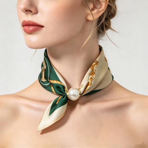 Chain Print Pearl Accent Silky Bandana Neck Scarf