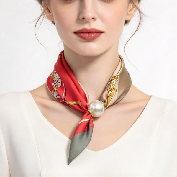 Chain Print Pearl Accent Silky Bandana Neck Scarf
