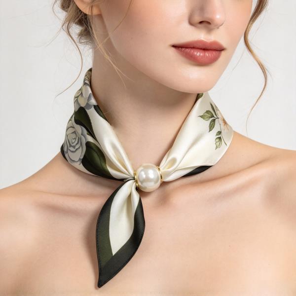 Rose Floral Print Pearl Accent Bandana Neck Scarf