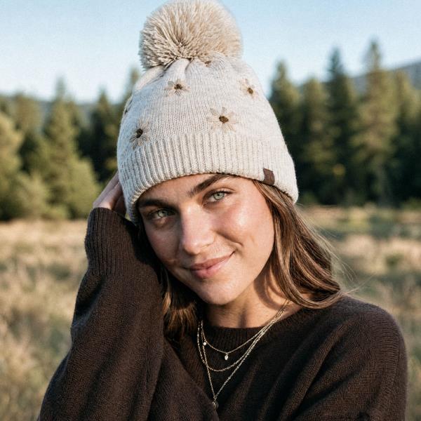 CC DAISY EMBROIDERY YARN POM POM BEANIE