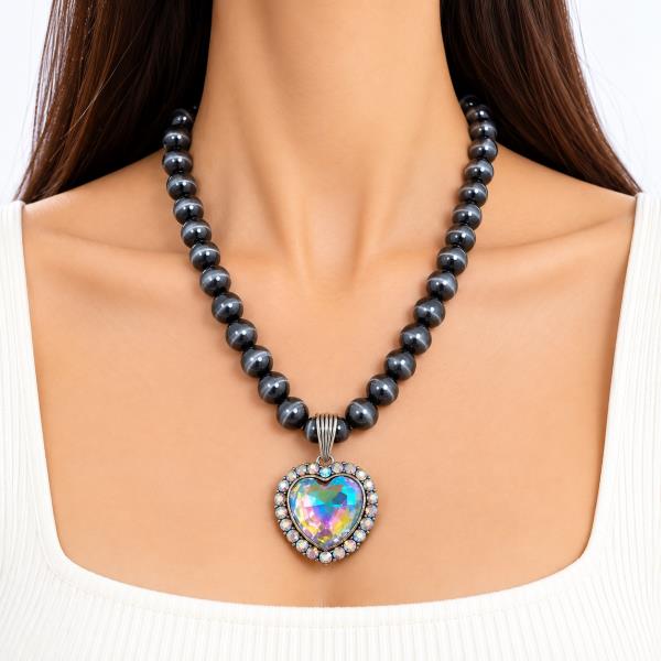 RHINESTONE HEART CRYSTAL STONE ROUND BEAD PENDANT NECKLACE