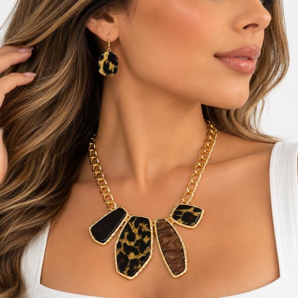 Animal Print Bezel Link Necklace Earring Set