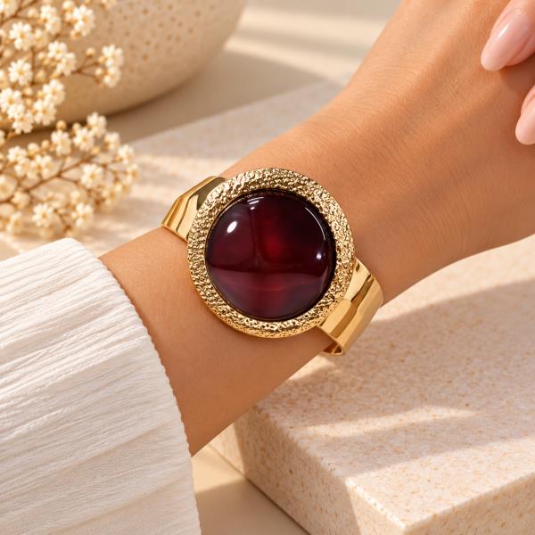 Metal Cabochon Beaded Border Stretch Bracelet