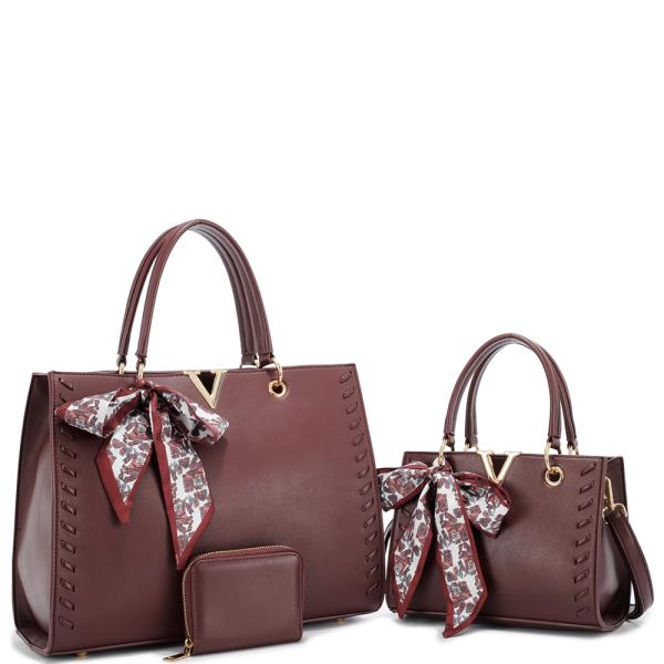 3IN1 SMOOTH V SCARF RIBBON HANDLE TOTE W MATCHING BAG AND WALLET SET