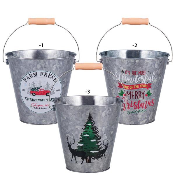 VINTAGE HOLIDAY THEMED GALVANIZED TIN BUCKETS W HANDLES