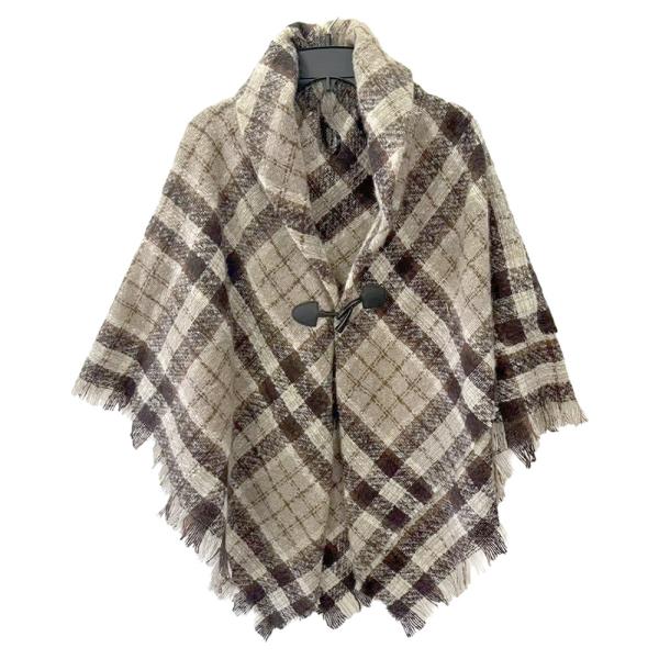 PLAID FRINGE TOGGLE CLOSURE PONCHO
