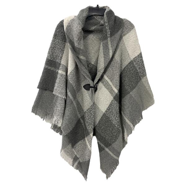 PLAID FRINGE TOGGLE CLOSURE PONCHO