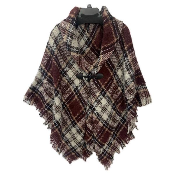 PLAID FRINGE TOGGLE CLOSURE PONCHO
