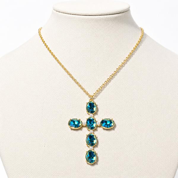 Crystal Stone Oval Cross Pendant Necklace