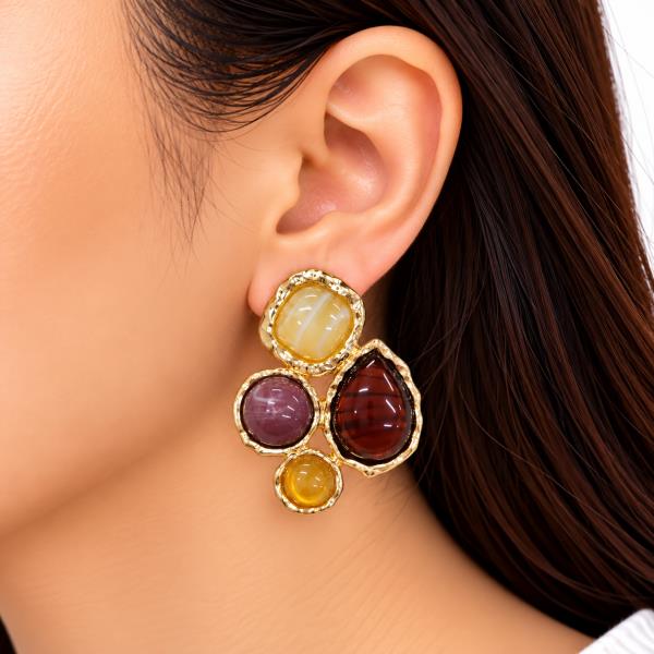 Cabochon Round Teardrop Cluster Stud Earring