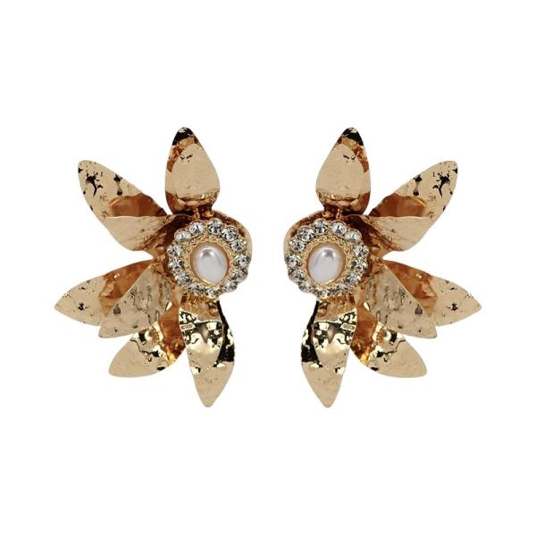 METAL HAMMERED RHINESTONE PEARL HALF FLOWER STUD EARRING