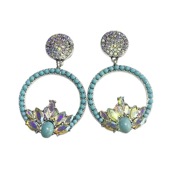 RHINESTONE CRYSTAL STONE WESTERN STONE CIRCLE FLORAL DROP EARRING