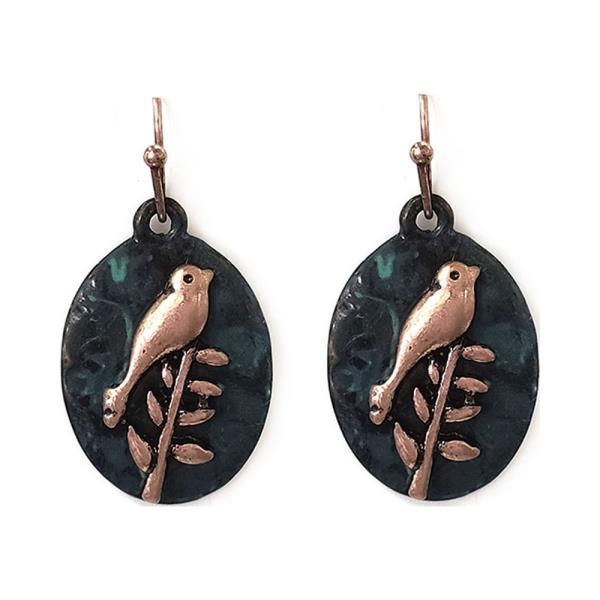 TWO TONE METAL BIRD BRANCH OVAL DANGLE EARRING