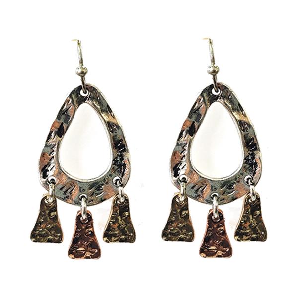METAL HAMMERED OPEN TEARDROP FRINGE DROP EARRIN