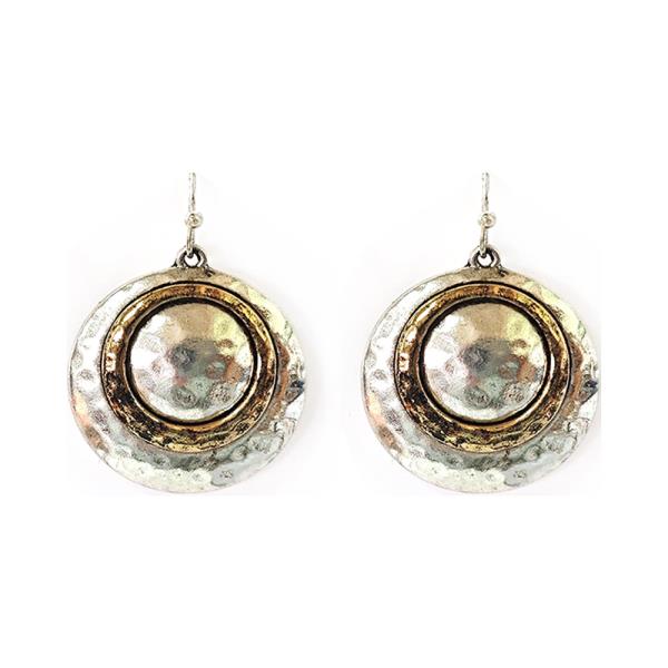 TWO TONE METAL HAMMERED NESTED CIRCLE DANGLE EARRING