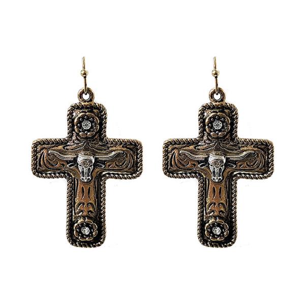 TWO TONE METAL WESTERN BULL SKULL CROSS DANGLE EARRING