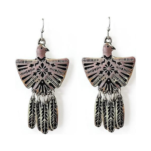 METAL WESTERN EAGLE FEATHER FRINGE DROP EARRING