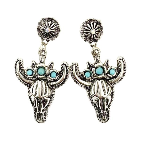METAL STONE WESTERN CONCHO BULL SKULL DROP EARRING