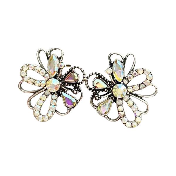 RHINESTONE CRYSTAL STONE OPEN FLOWER STUD EARRING