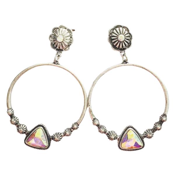 METAL CRYSTAL STONE WESTERN CONCHO CIRCLE DROP EARRING
