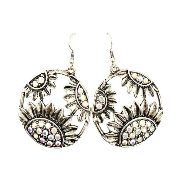 METAL CRYSTAL STONE SUNFLOWER OPEN CIRCLE DANGLE EARRING