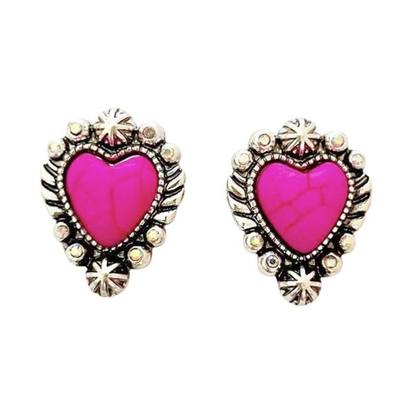 METAL RHINESTONE WESTERN HEART STONE STUD EARRING