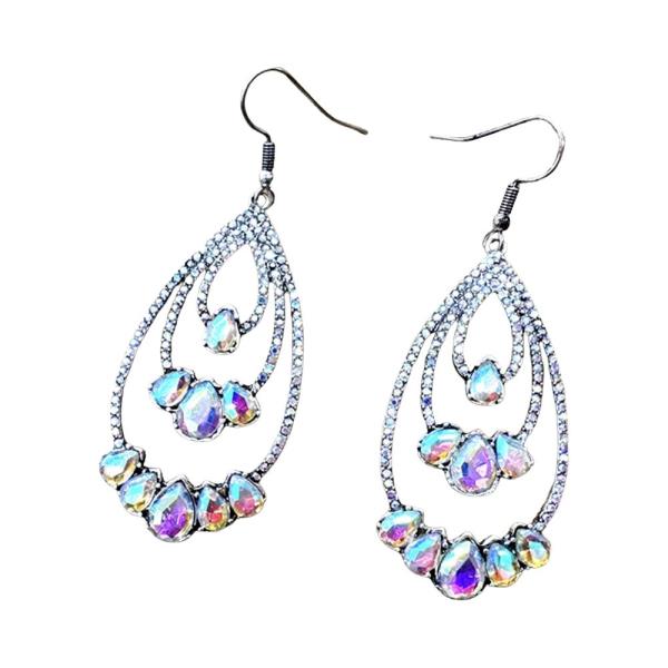 RHINESTONE CRYSTAL STONE NESTED OPEN TEARDROP DANGLE EARRING