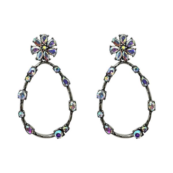 CRYSTAL STONE FLOWER OPEN TEARDROP DROP EARRING