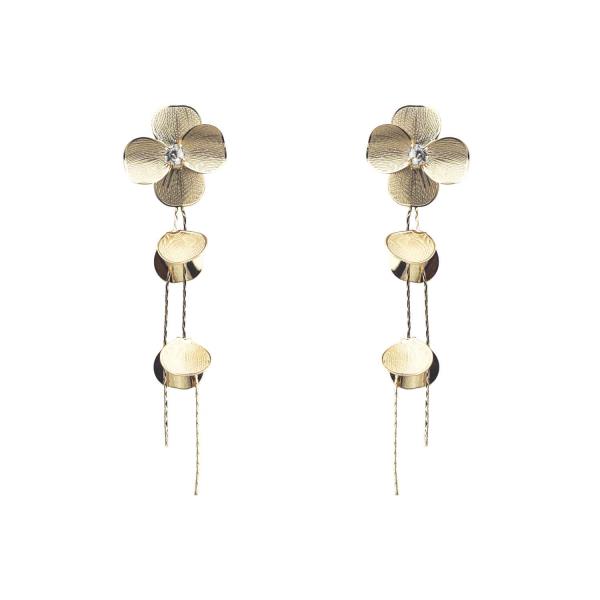 METAL RHINESTONE FLOWER PETAL CHAIN FRINGE DROP EARRING