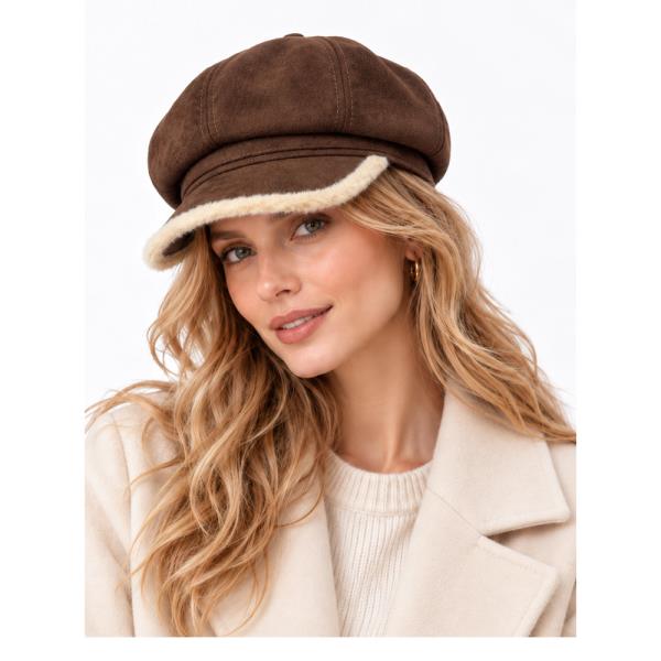 TWO TONE PLUSH BRIM TRIM NEWSBOY HAT