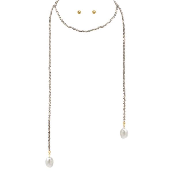 Faceted Bead Pearl Lariat Necklace Earring Set