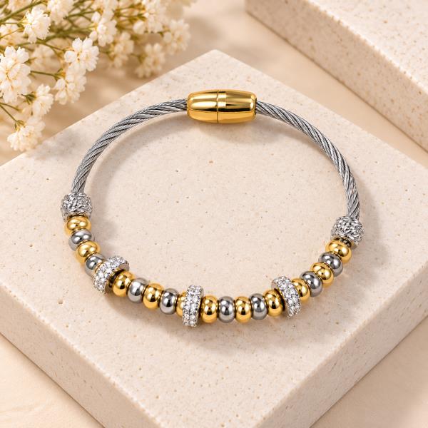 CZ TWO TONE METAL BEADED TWISTED CABLE MAGNETIC CLASP BRACELET
