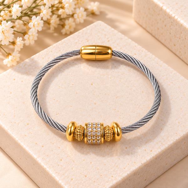 CZ TWO TONE METAL BARREL BEAD TWISTED CABLE MAGNETIC CLASP BRACELET