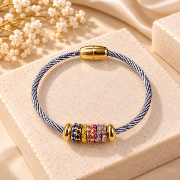 CZ TWO TONE METAL RONDELLE BEAD TWISTED CABLE MAGNETIC CLASP BRACELET