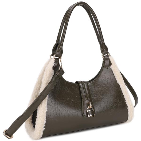 MODERN SHERPA TRIM PADLOCK TEXTURED DESIGN SHOULDER BAG