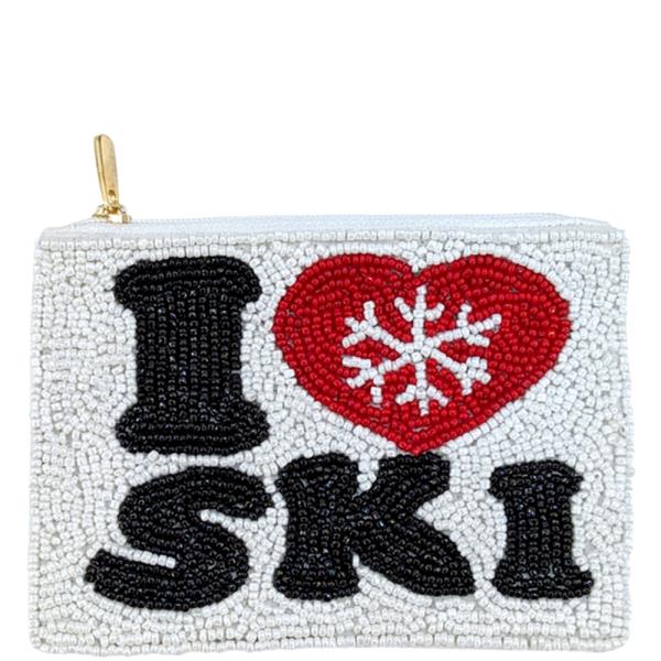 SEED BEAD I LOVE SKI COIN PURSE BAG