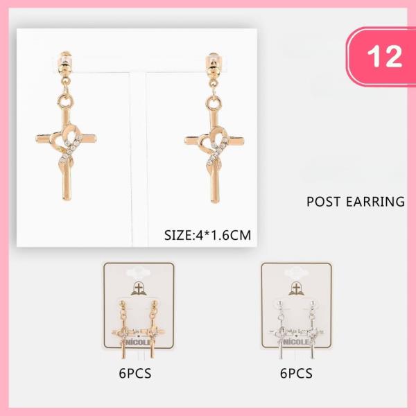 Cross Heart Rhinestone Dangle Earring (12 Units)