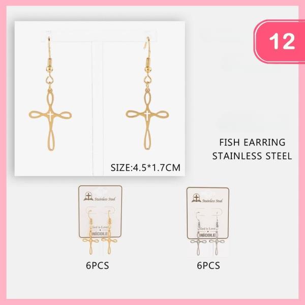 SATINLESS STEEL CROSS DANGLE EARRING (!2 UNITS)